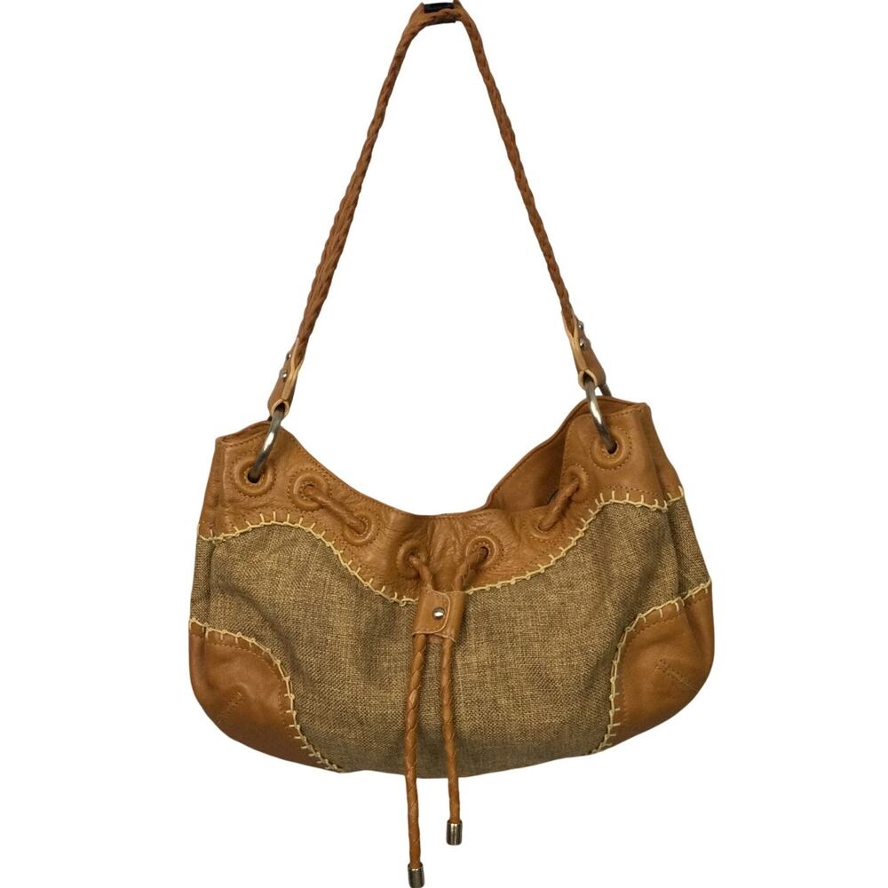 Via Spiga Fabric Leather Trim Slip Single Woven Handle Brown Bagette Handbag